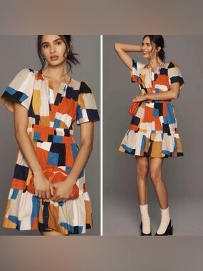 Anthropologie The Somerset Colorblock Print Short Dress Orange Blue Cream Size M